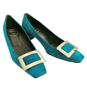 ROGER VIVIER TURQUOSE SUEDE BELLE VIVIER BUCKLE PUMPS (37.5)